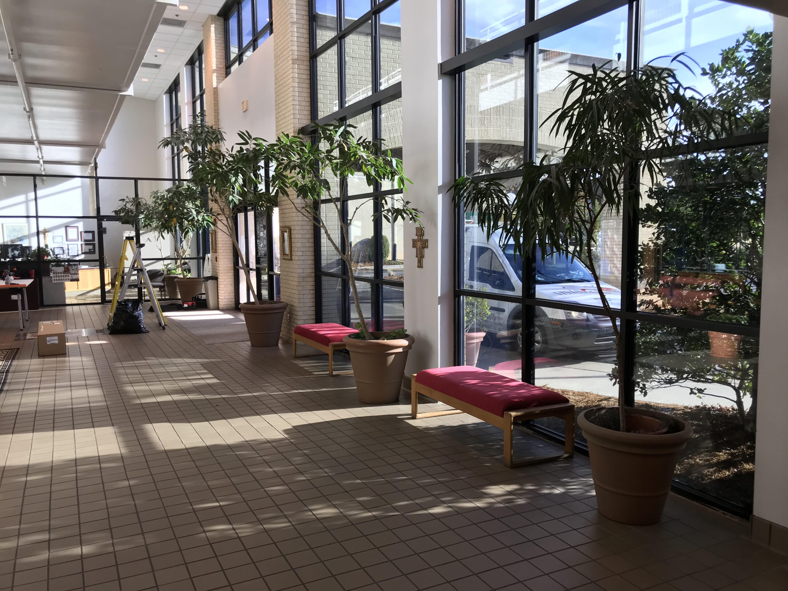 Large panels of windows with security film.