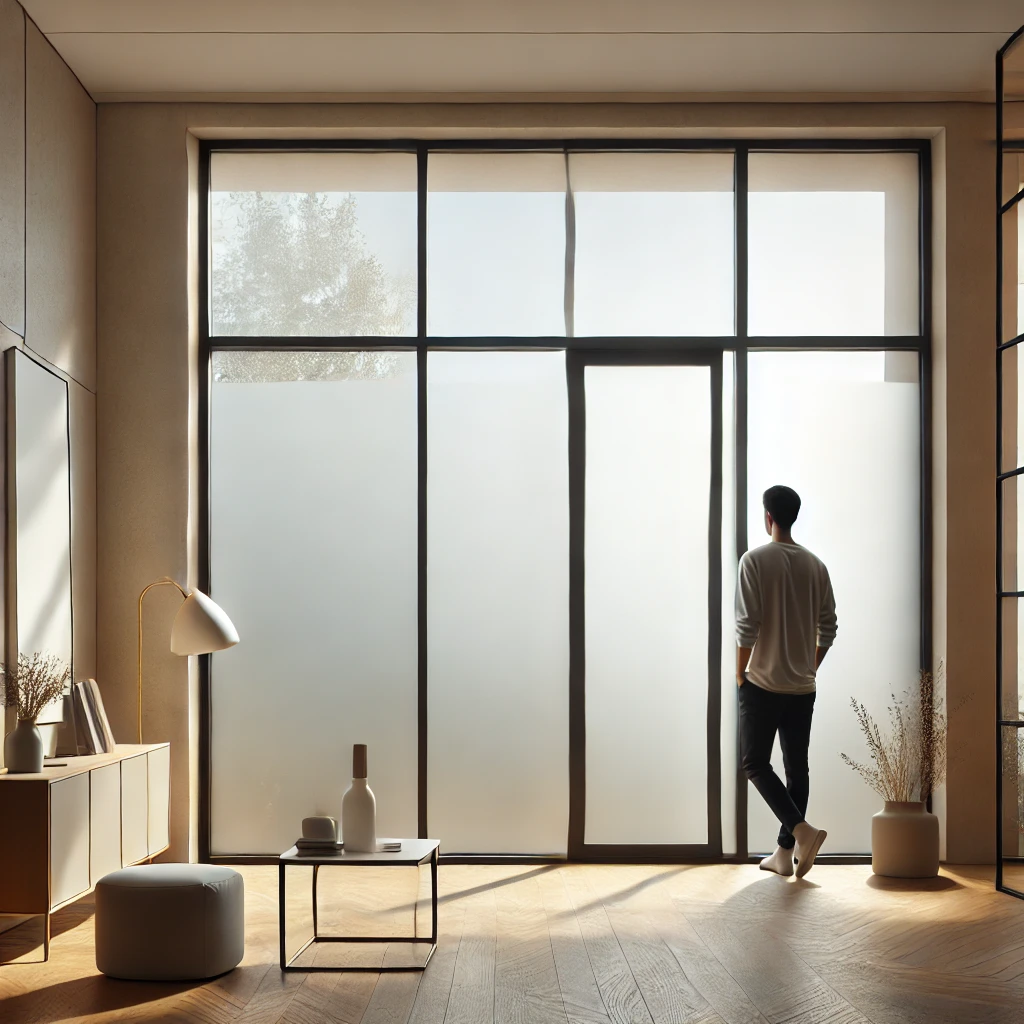 man standing in front of frosted window film