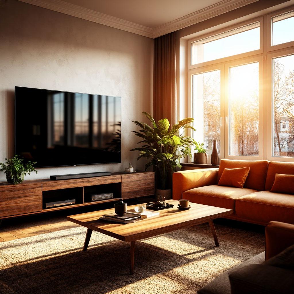 Living room with tv, couch, and windows